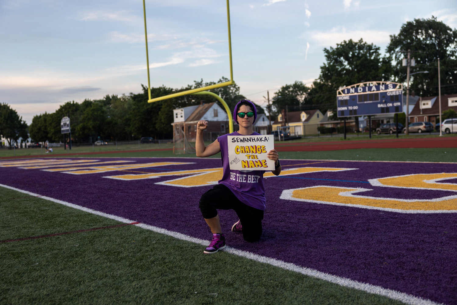 Marissa Linsalata, a 2012 graduate of Sewanhaka High School, took a knee on the school’s football field and called for the replacement of the Indian mascot.